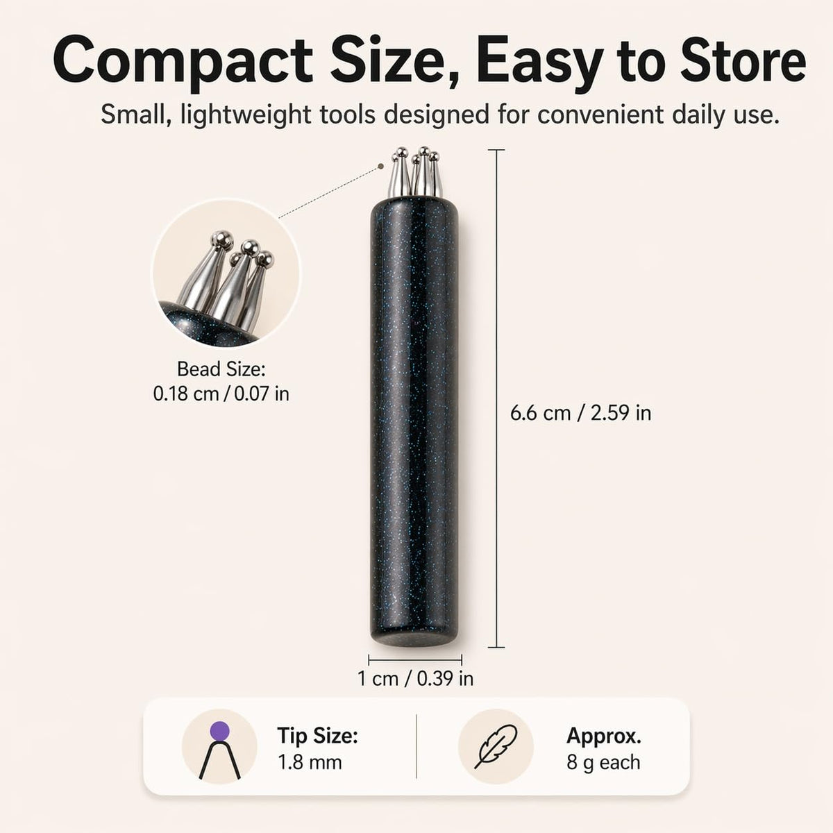 Generic size comparison in hand showing compact pens and ergonomic advantage
