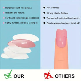 Generic hand wearing short square black French tip nails demonstrating natural fit and polished look benefit