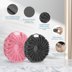 Generic scrubber used in shower with soap lather highlighting efficient cleansing and reduced product use