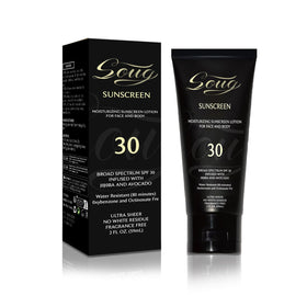 Generic sunscreen front packaging showing SPF 30 and clear finish benefit