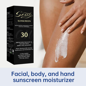 Generic sunscreen in a beach scene showing water-resistant protection benefit