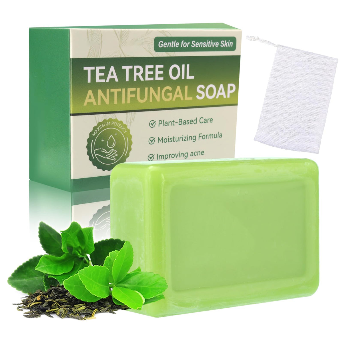 Generic tea tree soap front packaging showing clean label and bar benefit