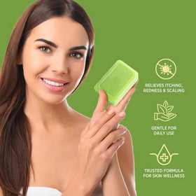 Generic tea tree soap applied to feet showing soothing cleansing benefit