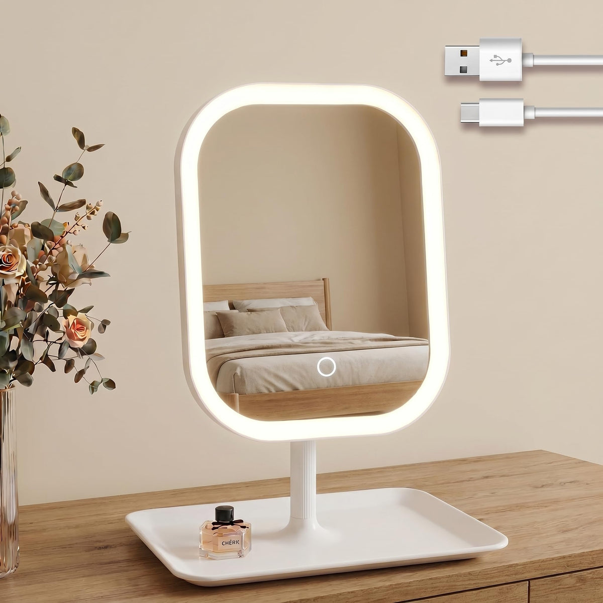 Generic mirror front view showing sleek white frame and stable base for polished vanity