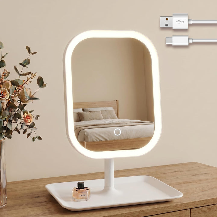 Generic mirror front view showing sleek white frame and stable base for polished vanity