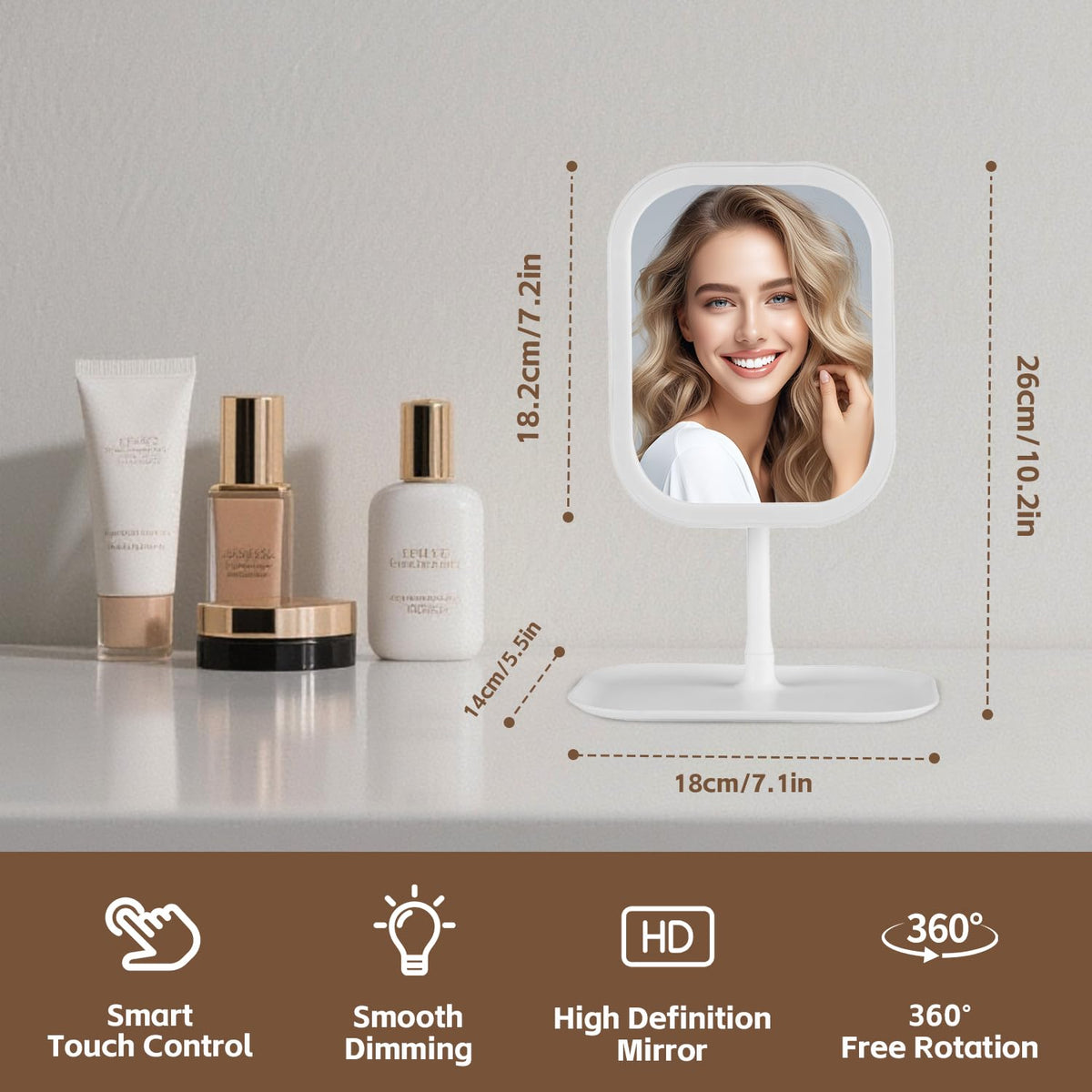 Generic mirror beside common items to show compact size and easy travel packing