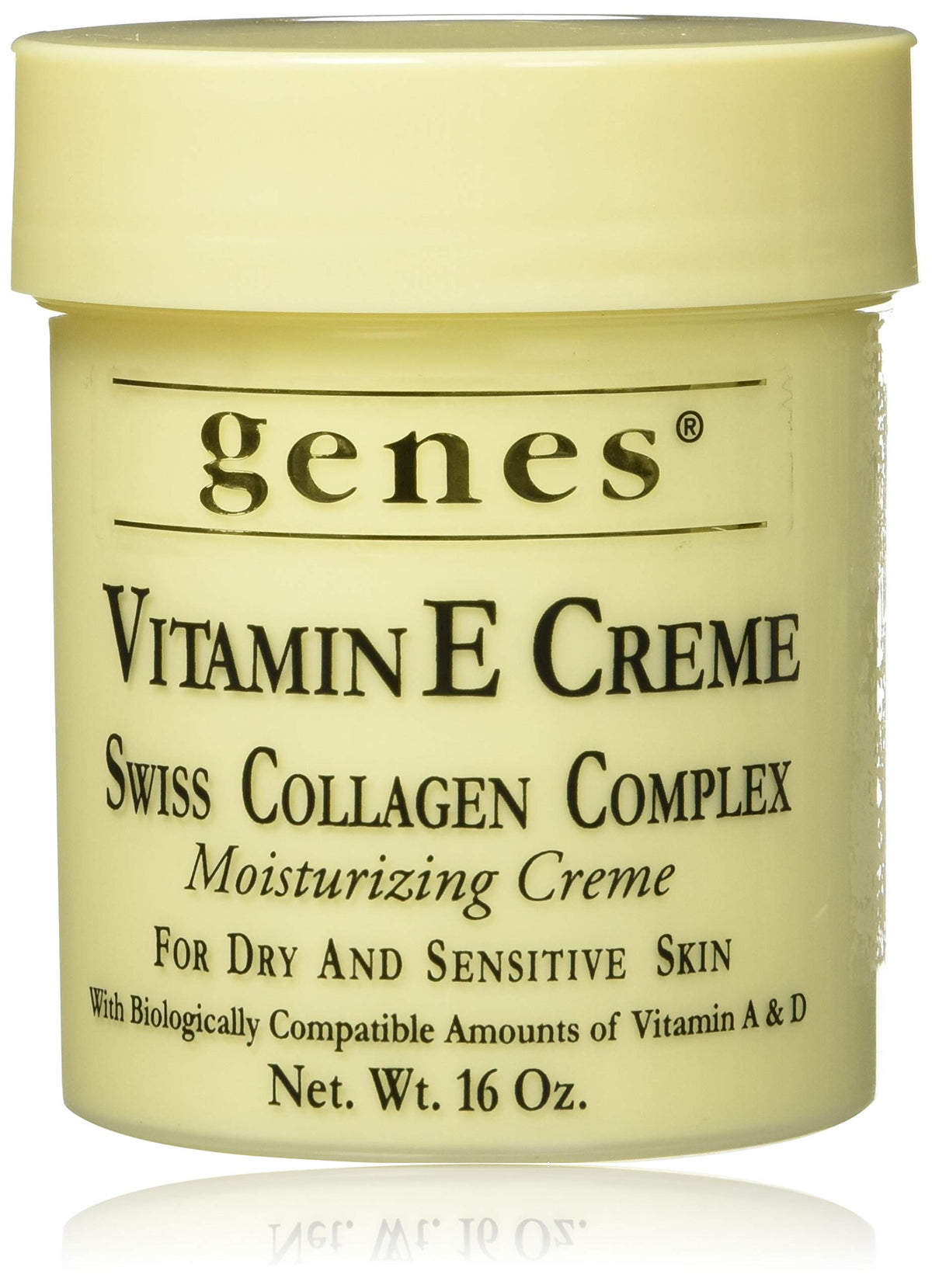 Genes Vitamin E cream jar front view showing label and size benefit: clear product identity
