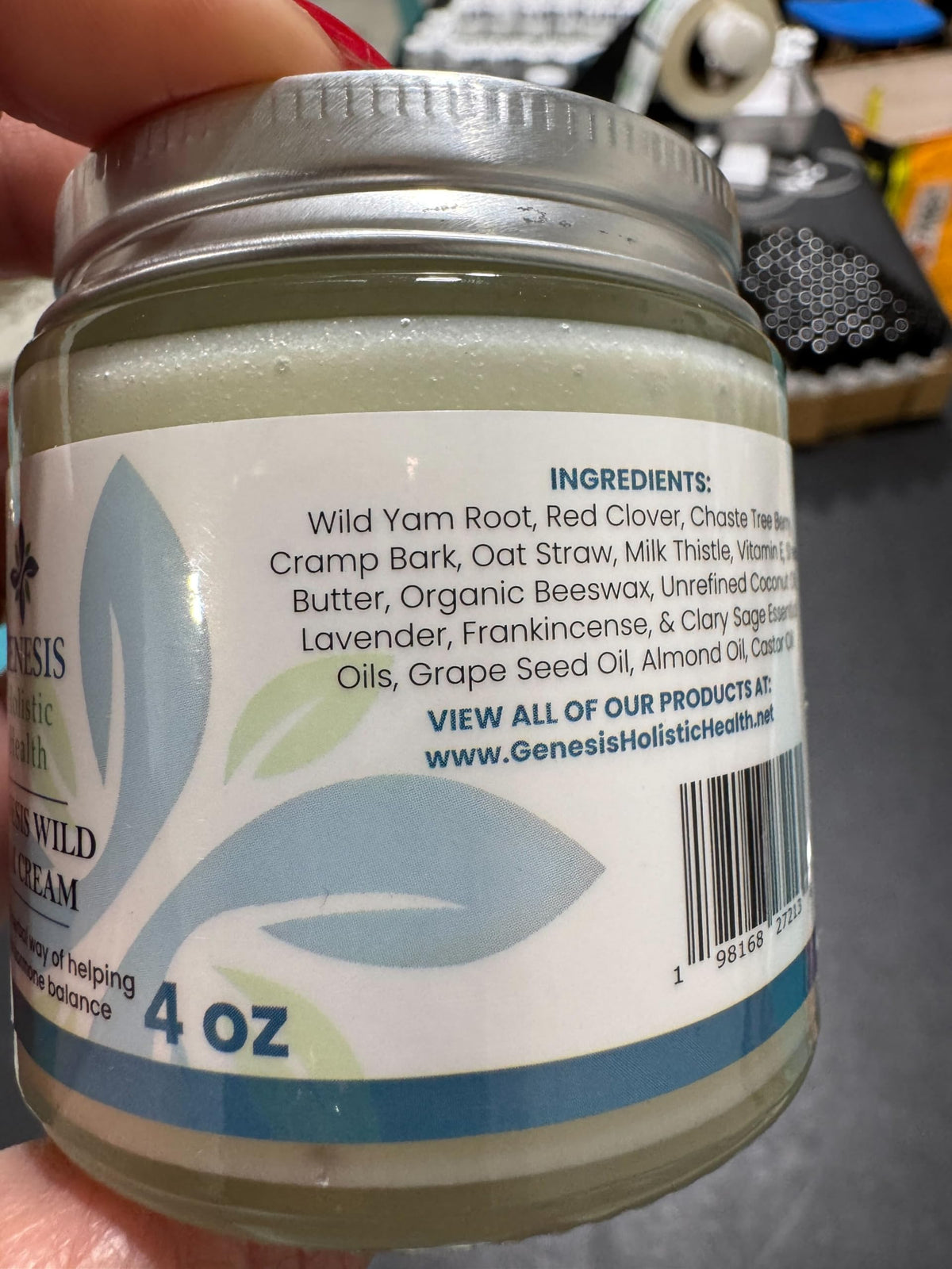 Genesis Wild Yam Root Cream on a bathroom counter lifestyle scene showing daily routine support