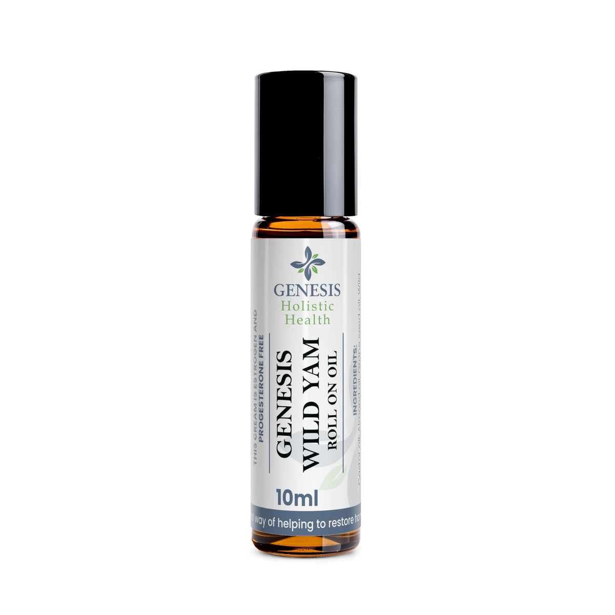 Genesis Wild Yam bottle front view showing clear label and compact travel-ready benefit