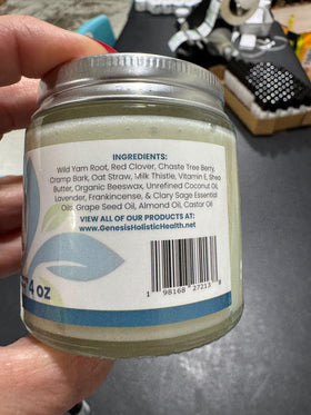 Genesis Wild Yam Root Cream texture close-up demonstrating smooth, fast-absorbing finish