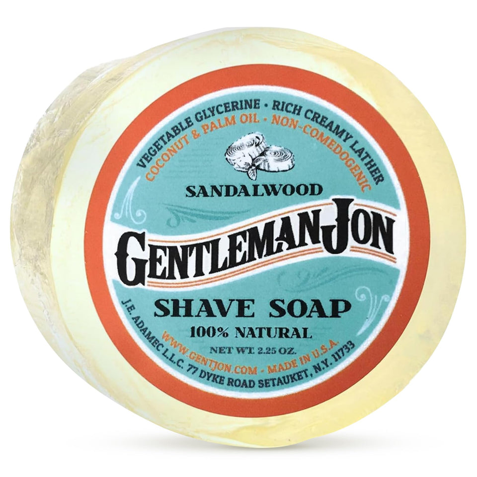 Gentleman Jon front packaging showing sandalwood shave soap and clear branding for classic grooming