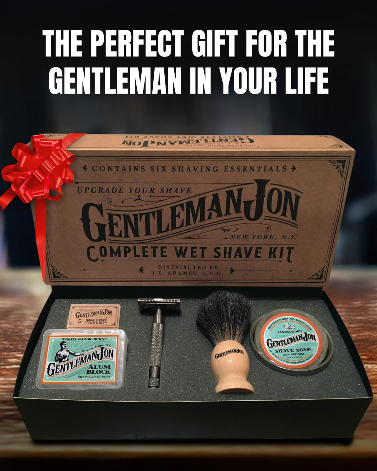 Gentleman Jon complete kit arranged in bathroom setting for elegant, travel-ready grooming