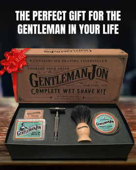 Gentleman Jon complete kit arranged in bathroom setting for elegant, travel-ready grooming