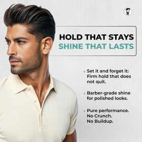 Gentlemen Republic styled slick back on model demonstrating high shine and polished look benefit