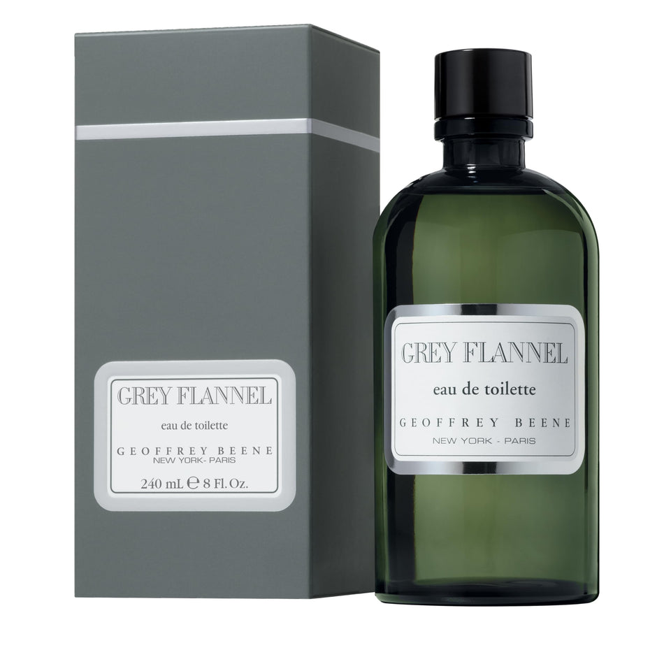 Geoffrey Beene Grey Flannel front bottle view showing label and size benefit of clear identification