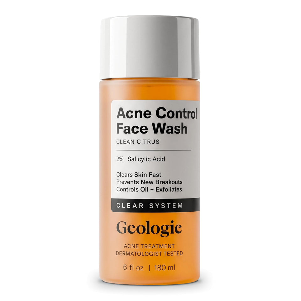Geologie front packaging showing 6 fl oz bottle and clean design benefit: clear acne care