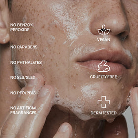 Geologie foaming cleanser on face showing effective application and pore-clearing benefit