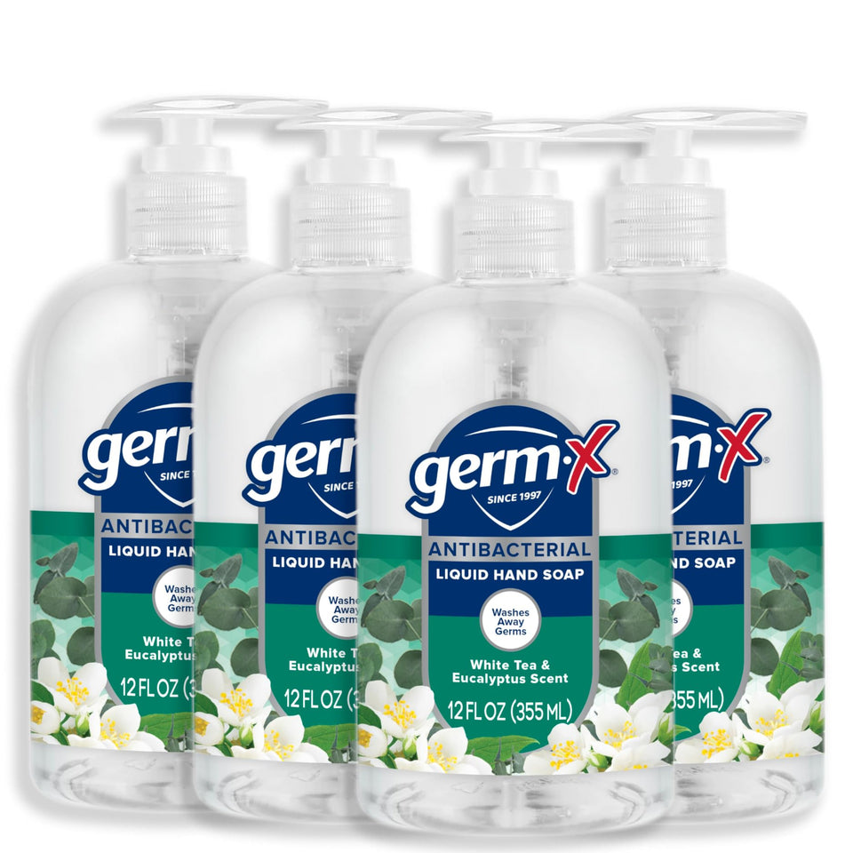 Germ-X front pump bottle showing brand and scent, convenient refill benefit