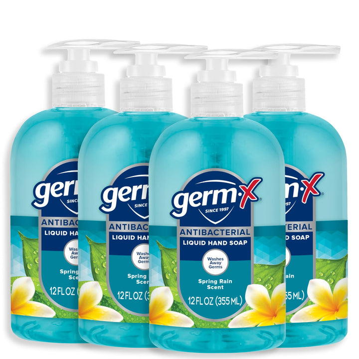 Germ-X front pump bottle showing label and pump, convenient counter placement benefit