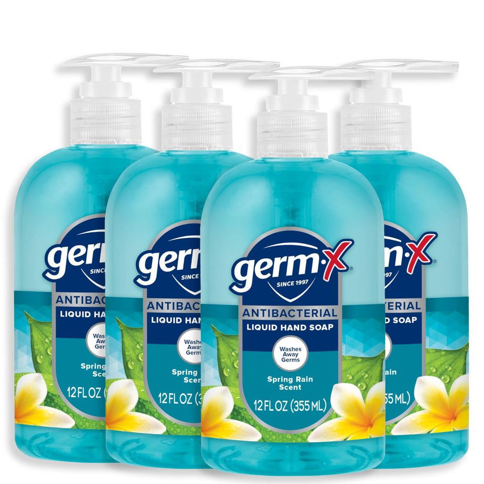 Germ-X front pump bottle showing label and pump, convenient counter placement benefit