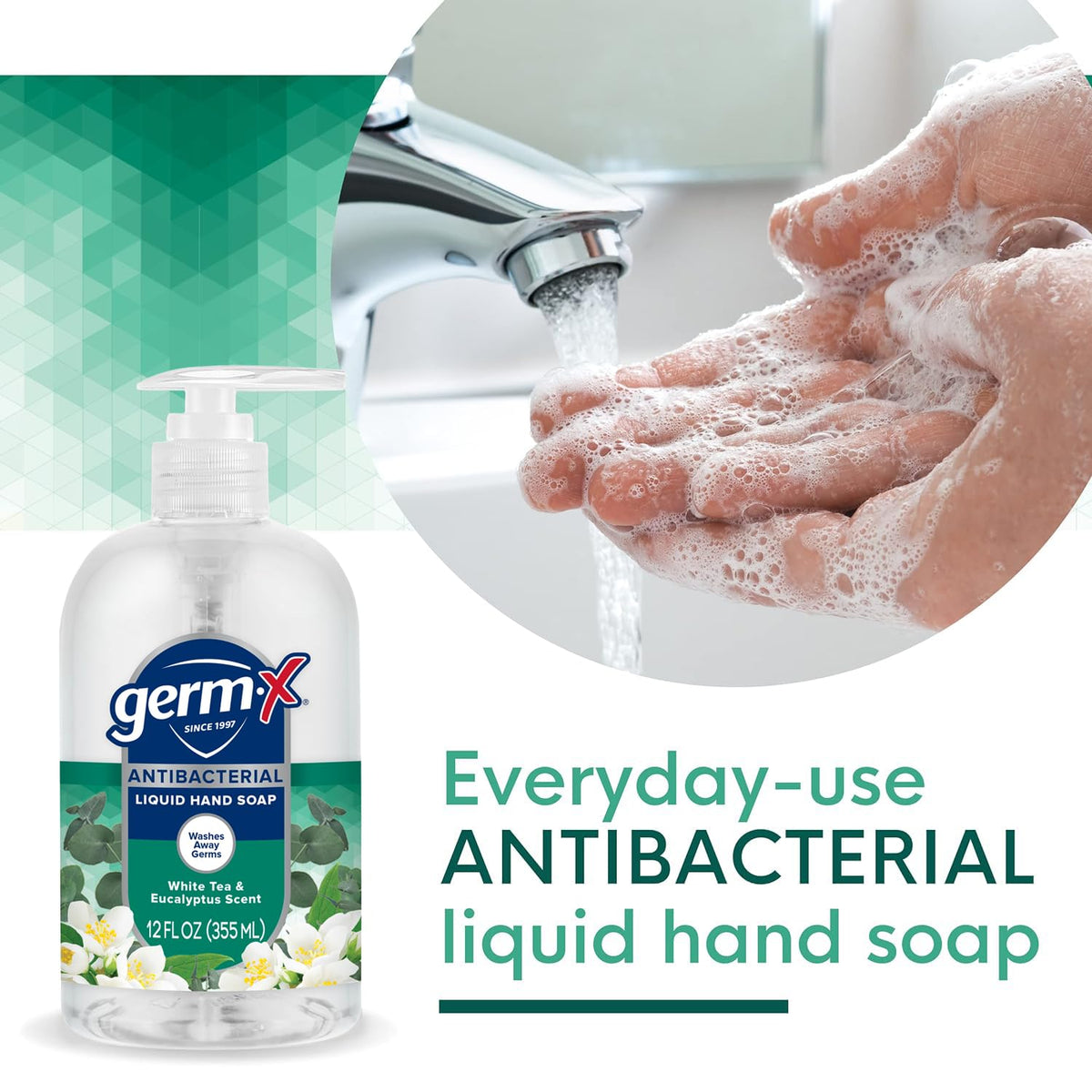 Germ-X pump dispensing lather, demonstrating effective cleaning and moisturizing