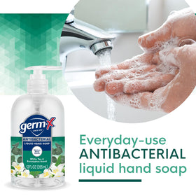 Germ-X pump dispensing lather, demonstrating effective cleaning and moisturizing