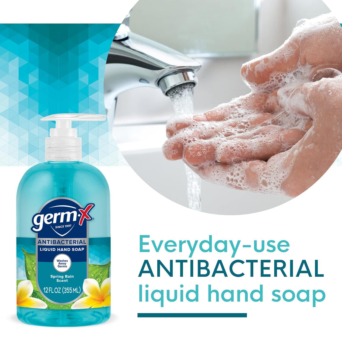 Germ-X label detail with Spring Rain scent, clear ingredient and tester info benefit