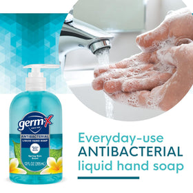Germ-X label detail with Spring Rain scent, clear ingredient and tester info benefit