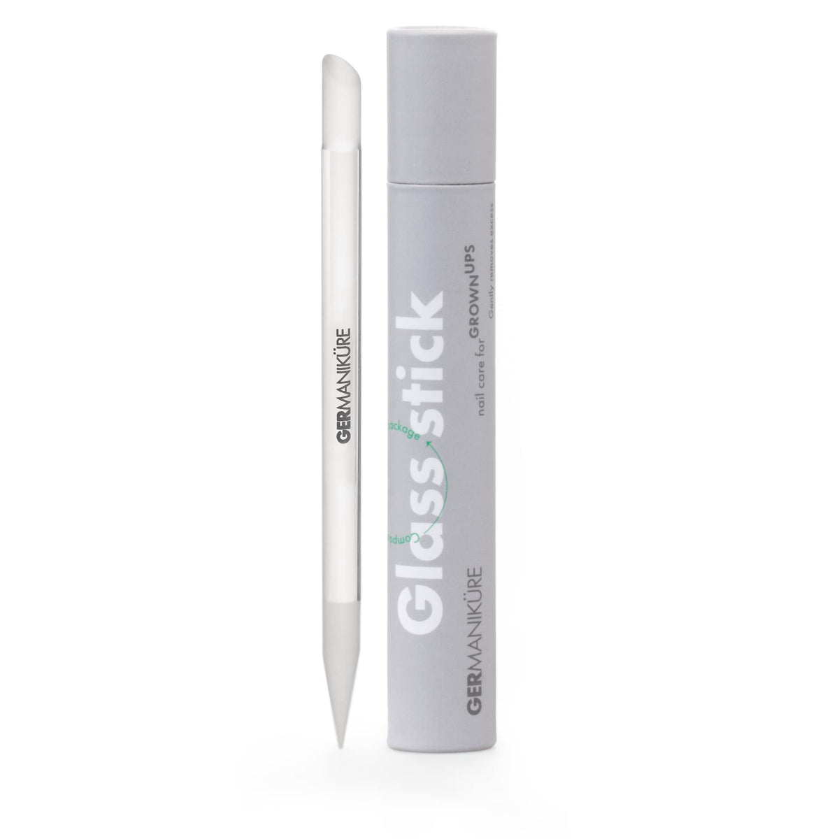 GERMANIKURE clear glass stick front view showing slim profile and dual tips for precision