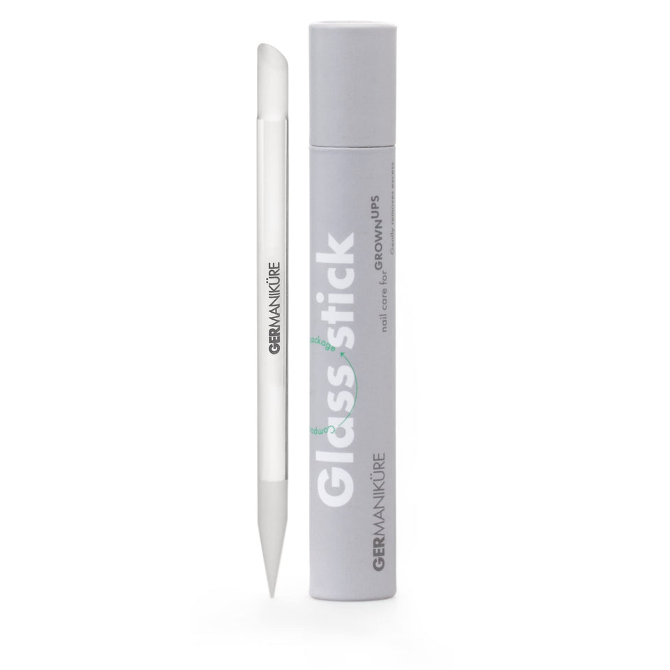 GERMANIKURE clear glass stick front view showing slim profile and dual tips for precision