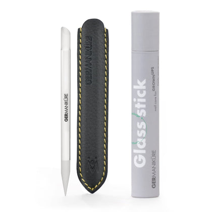 GERMANIKURE glass cuticle stick front view showing elegant shape and leather sleeve for neat storage