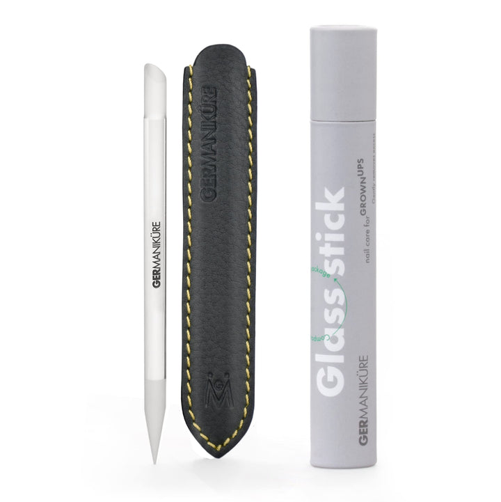 GERMANIKURE glass cuticle stick front view showing elegant shape and leather sleeve for neat storage