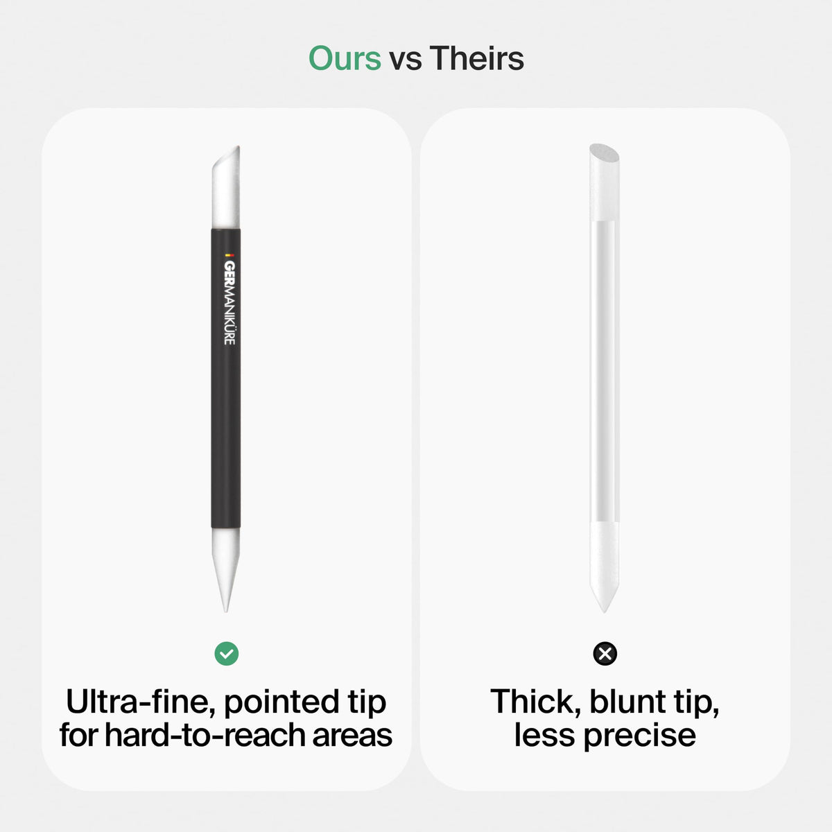 GERMANIKURE tapered end close-up ideal for reaching tight nail crevices and under edges