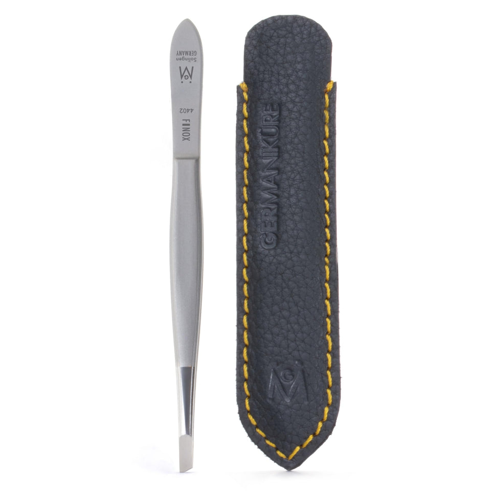 GERmanikure tweezers front view showing sleek stainless steel design and control