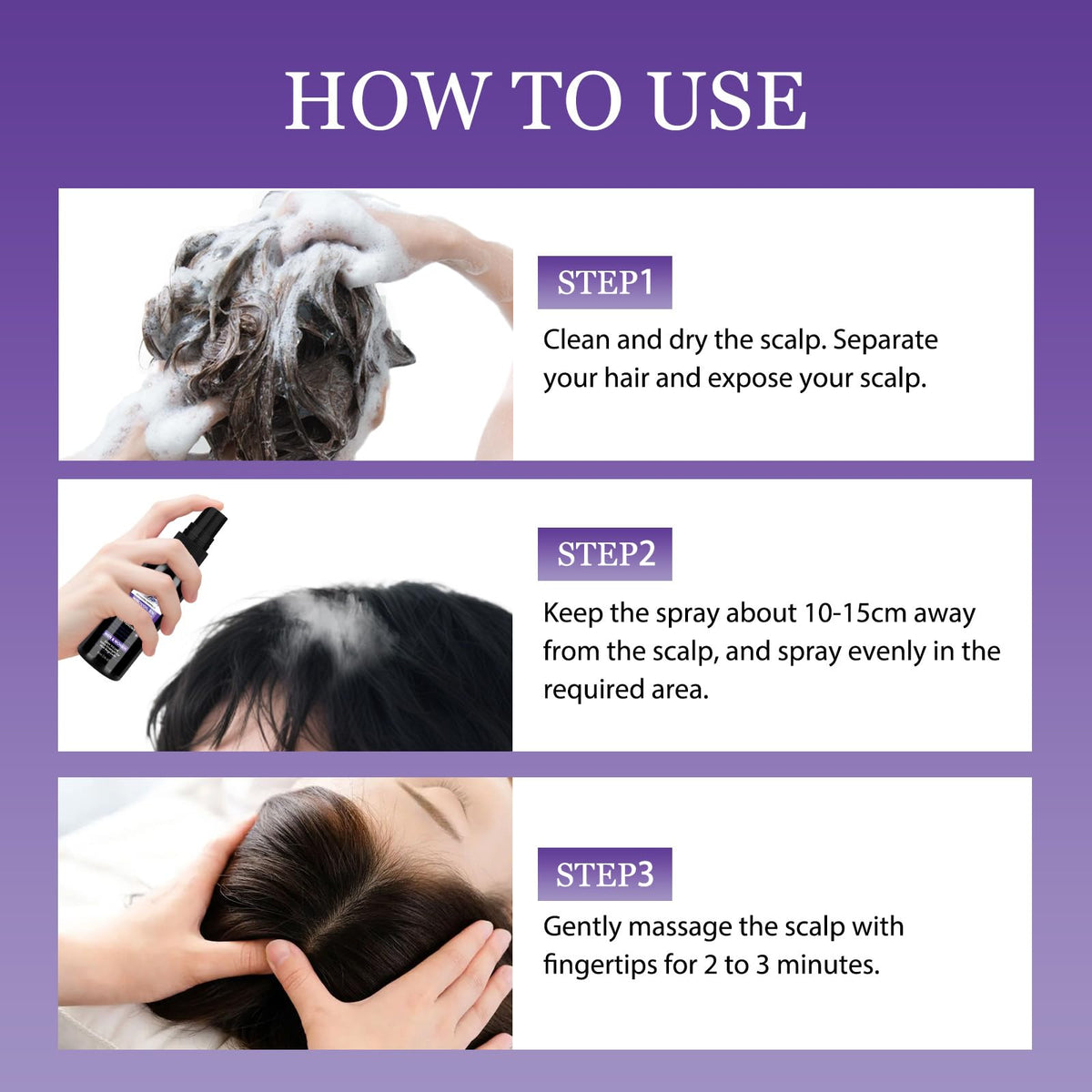 Geynaw product on scalp demonstrating even coverage and quick absorption benefit