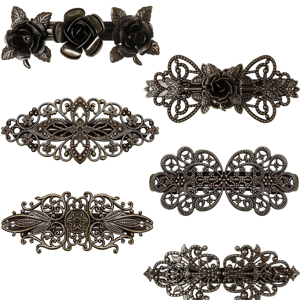 Geyoga front packaging showing six vintage bronze flower barrettes and elegant gift-ready display