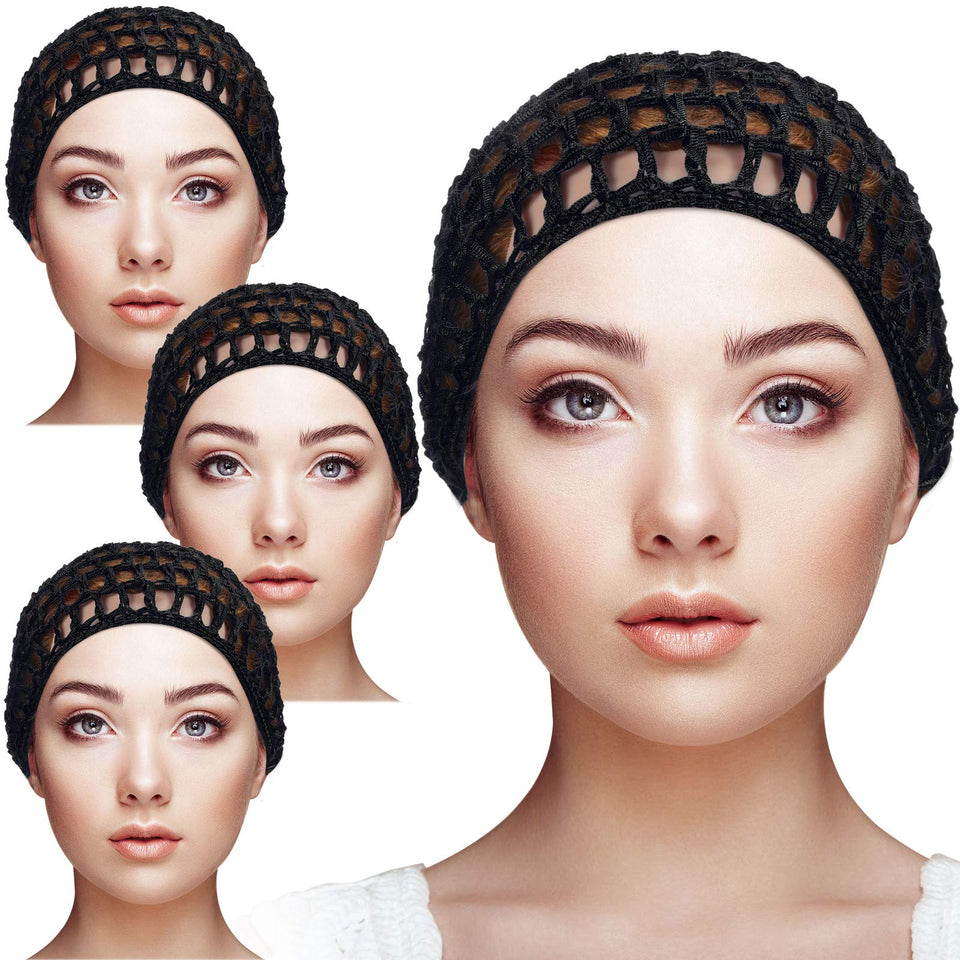 Geyoga front view pack showing four black crochet snood caps and neat packaging benefit tidy storage