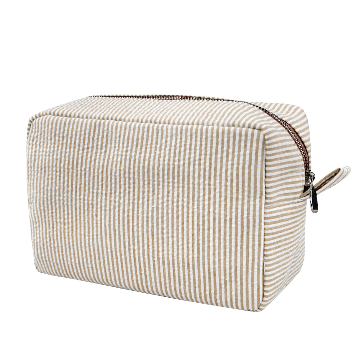 GFU front view of brown seersucker cosmetic bag showing compact design benefit