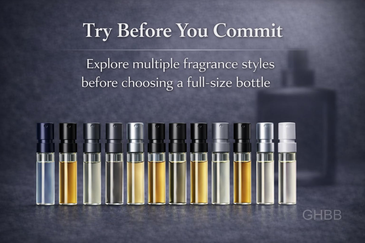 GHBB collection laid flat overview displaying variety of designer scents for discovery
