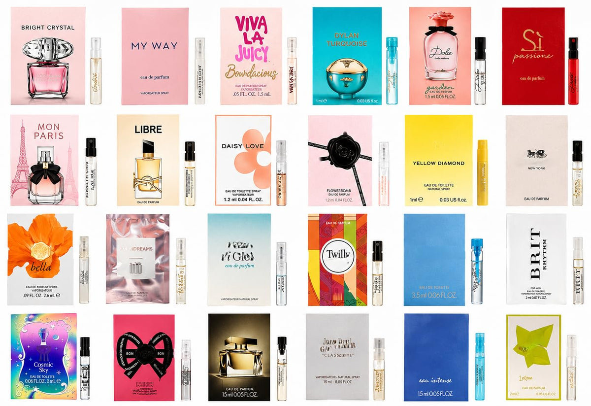 GHBB front packaging display showing all twelve mini perfume vials and variety benefits