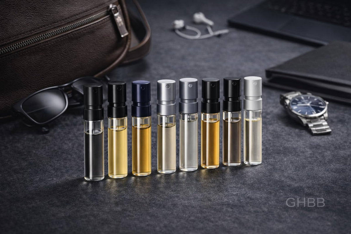 GHBB vial spray action in use conveying ease of application and quick fragrance testing