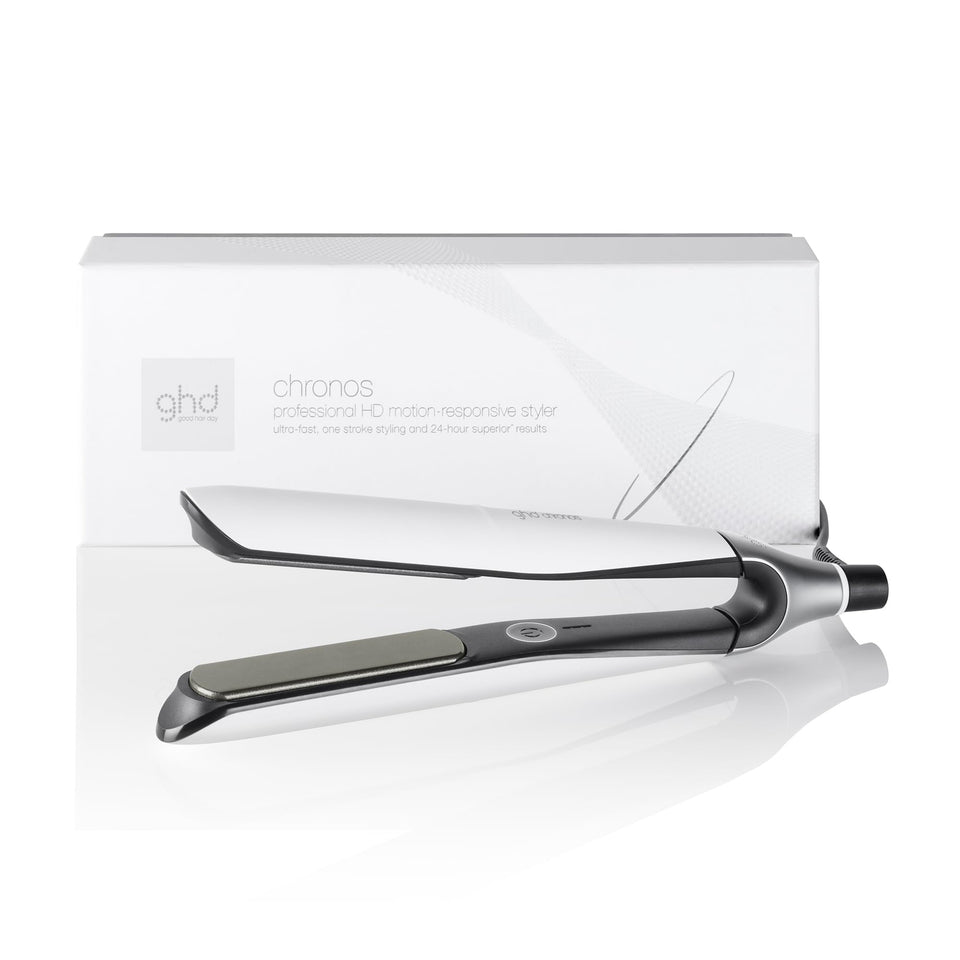 ghd Chronos front view in white showing sleek design and quick styling benefit