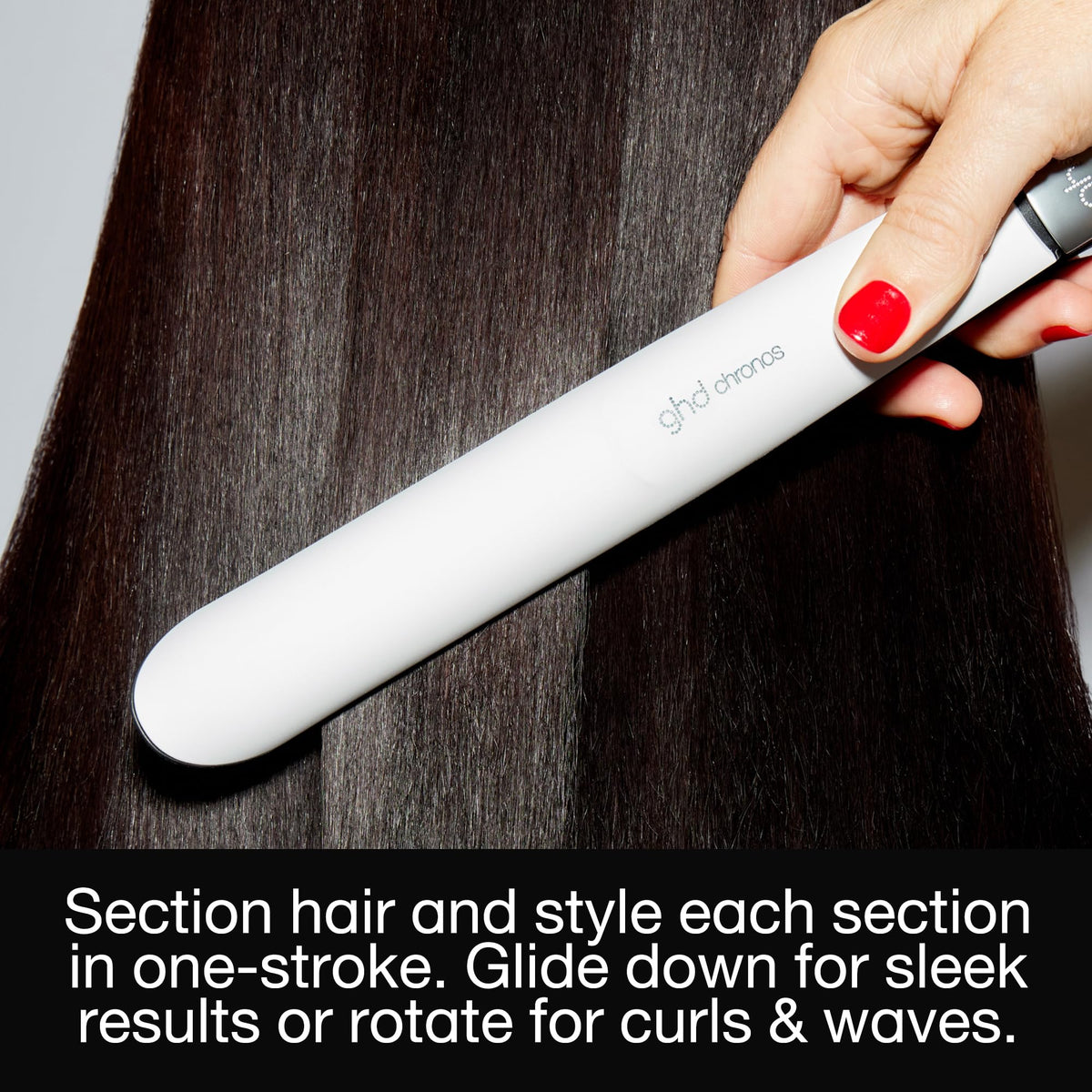 ghd Chronos rounded barrel angle highlighting versatility for curls and waves