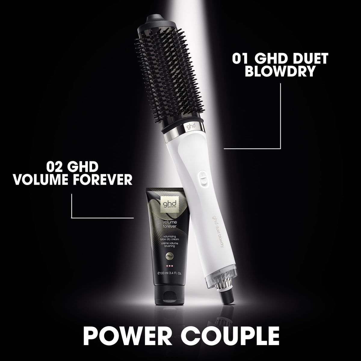 ghd Duet Blowdry with heat-resistant bag and cleaning brush showing compact storage