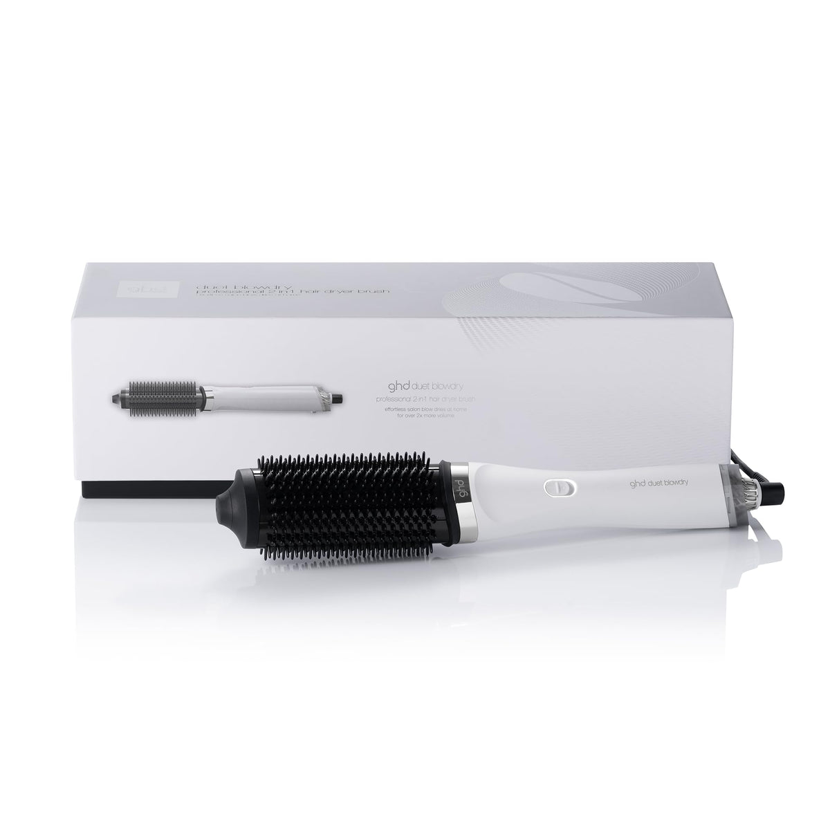 ghd Duet Blowdry front view in white showing sleek design and easy handling