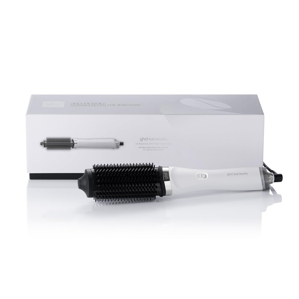 ghd Duet Blowdry front view in white showing sleek design and easy handling