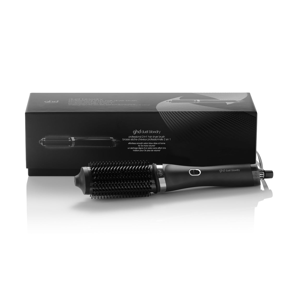 ghd Duet Blowdry front view showing sleek black design and ergonomic handle for easy styling