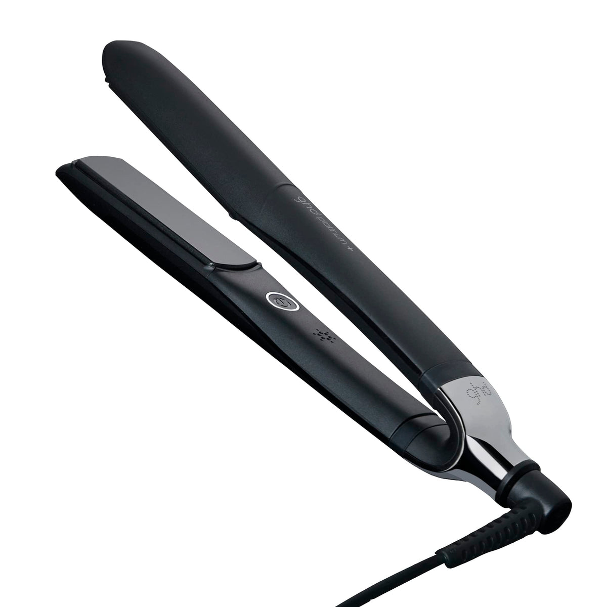 ghd Platinum+ front view showing sleek black finish and ergonomic handle for comfortable styling