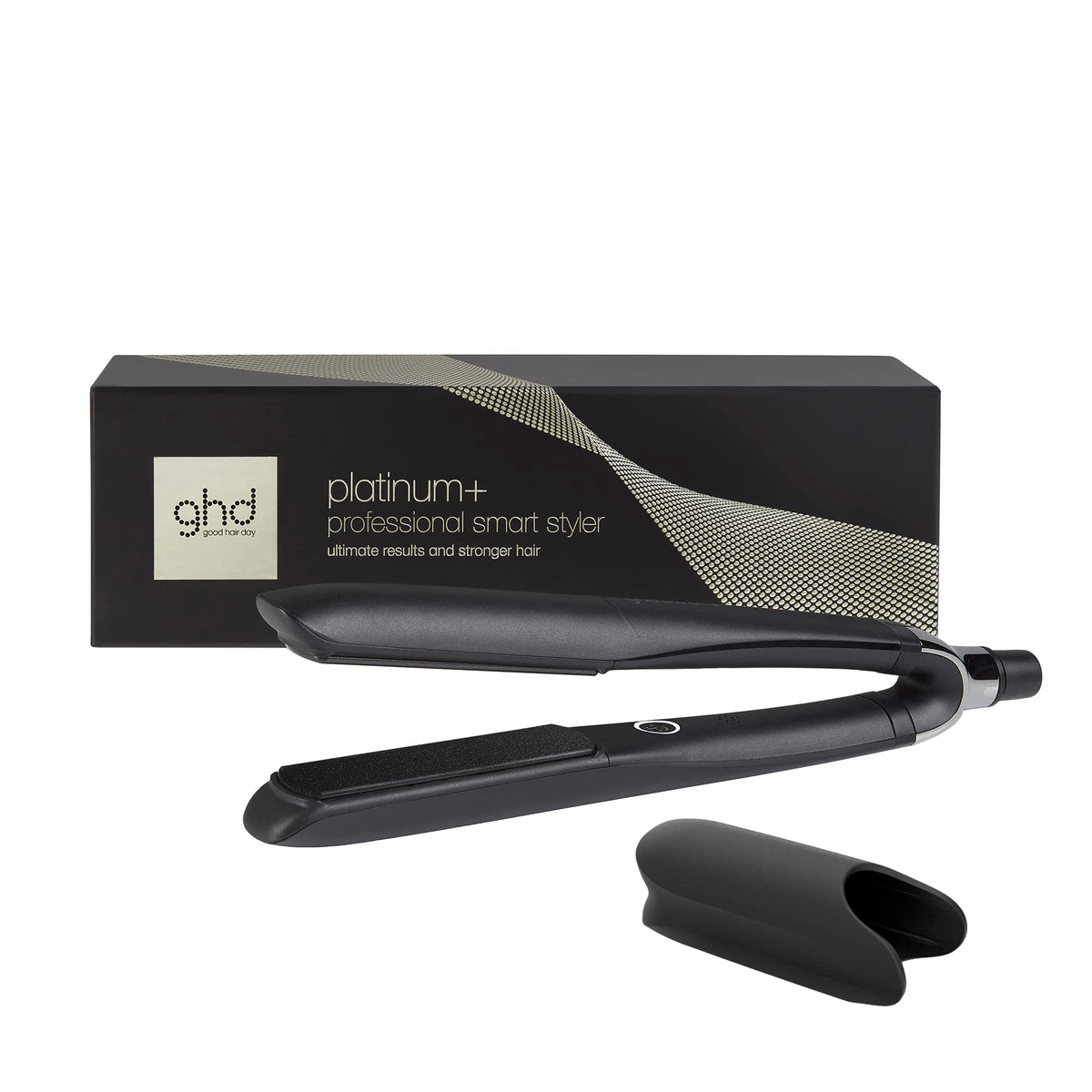 ghd Platinum+ lifestyle shot on vanity highlighting premium design and everyday styling convenience
