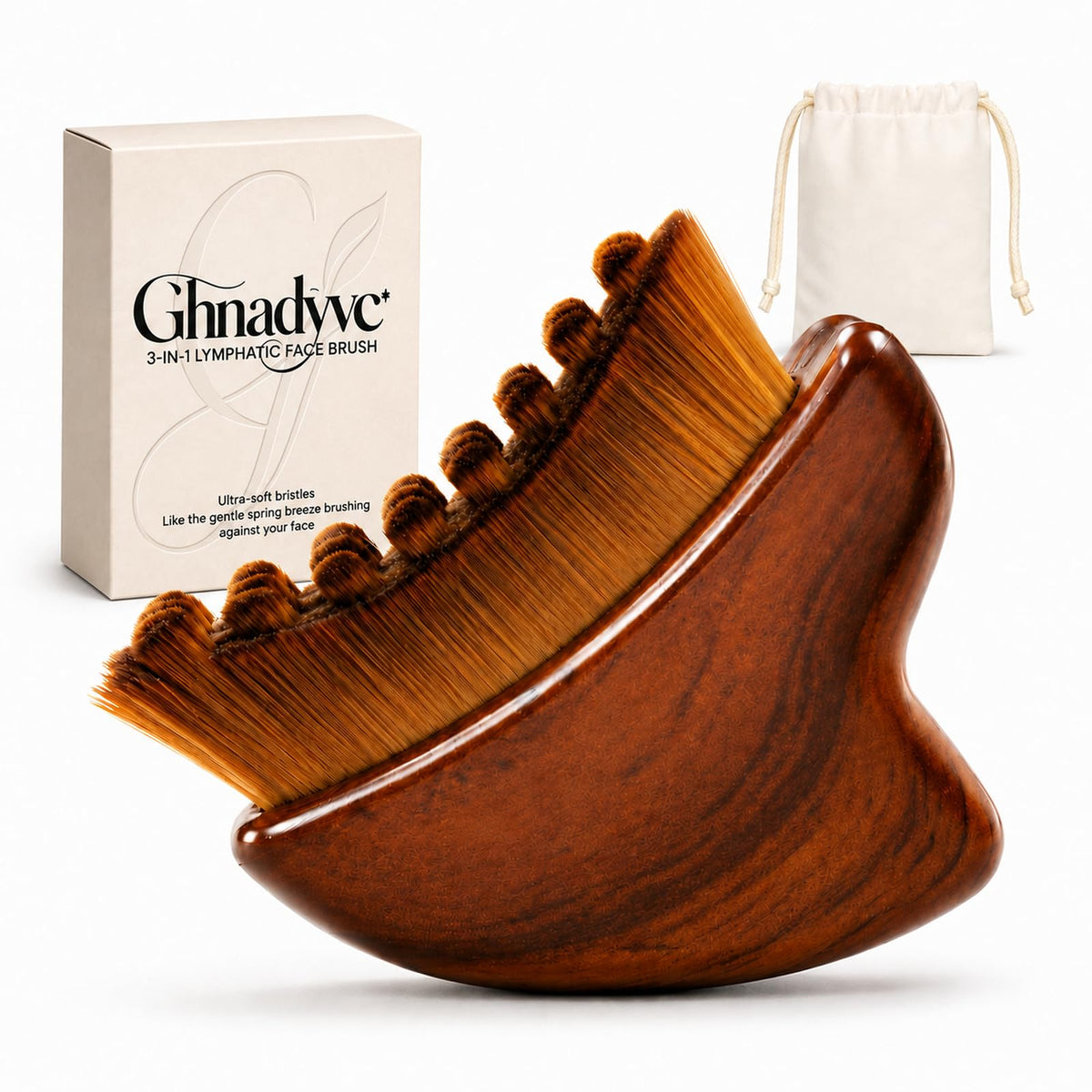 Ghnadyvc front view of dual-ended face brush showing bristles and gua sha benefit